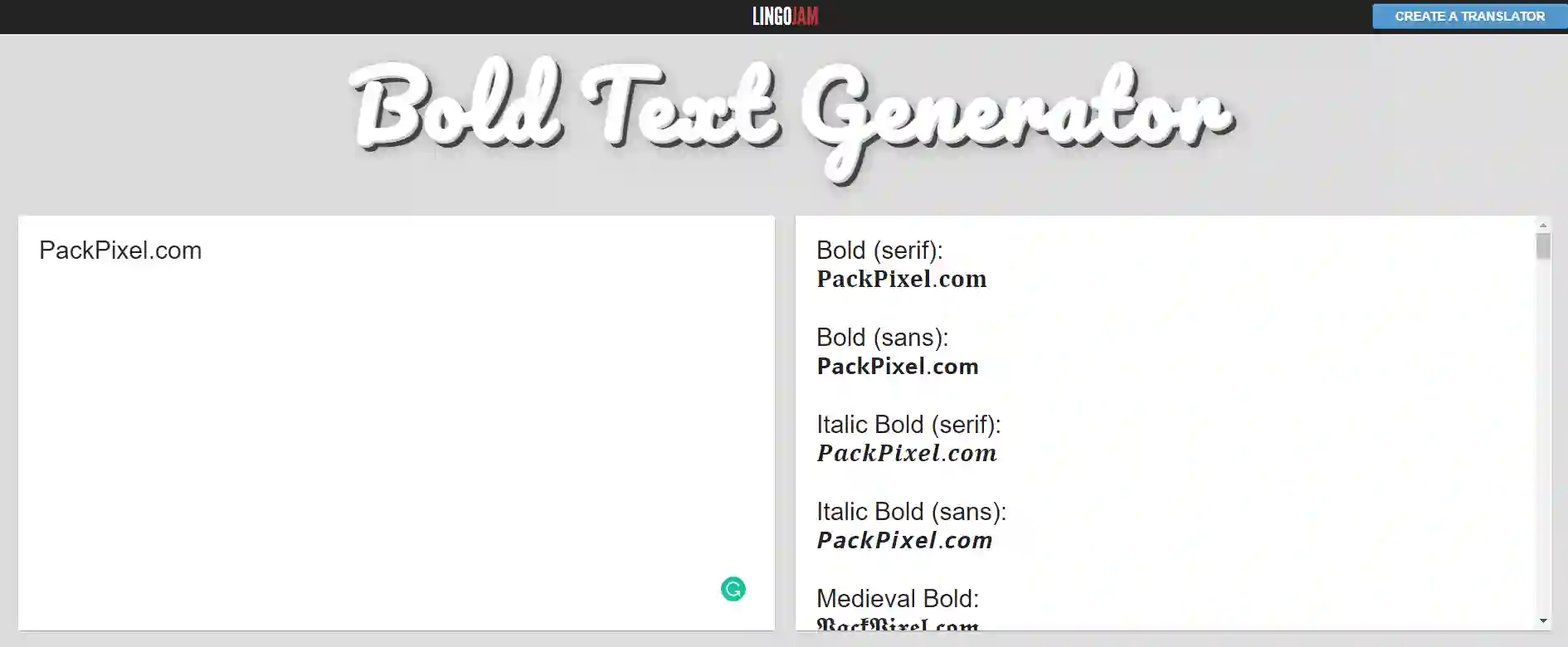 Instantly generate google form bold text with lingojam website